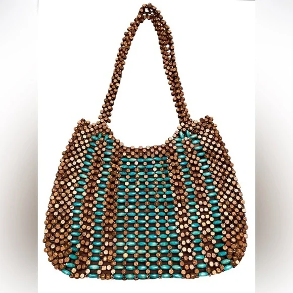 Y2K Wooden Beaded Brown/Teal Zippered Tote Bag - Picture 3 of 4
